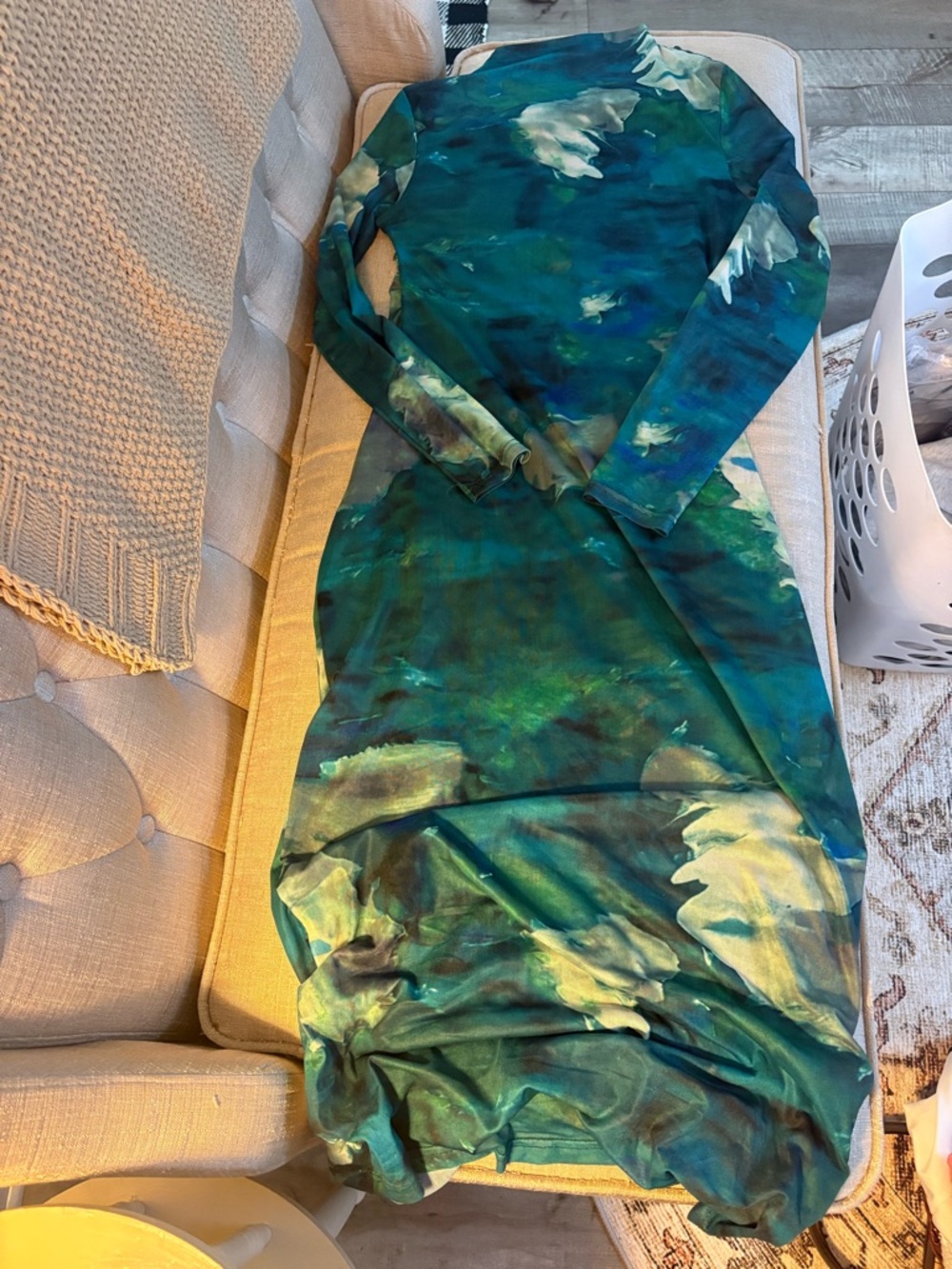 Long-Sleeve Teal & Green Tie-Dye Maxi Dress